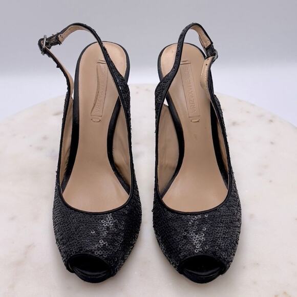 BCBGMAXAZRIA Bodhi Black Sequin Peep Toe Heels 7.5 Pumps Holiday Party Shoe NYE - Picture 11 of 11